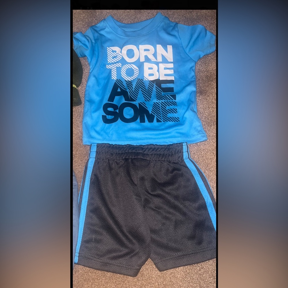 tuff guys Blue and Black Athletic shirt & Shorts with Elastic Waistband Sz 12 mo